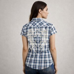 Harley Davidson Blue Plaid Shirt Snap Front Angel Wings Western Studded Sz Small